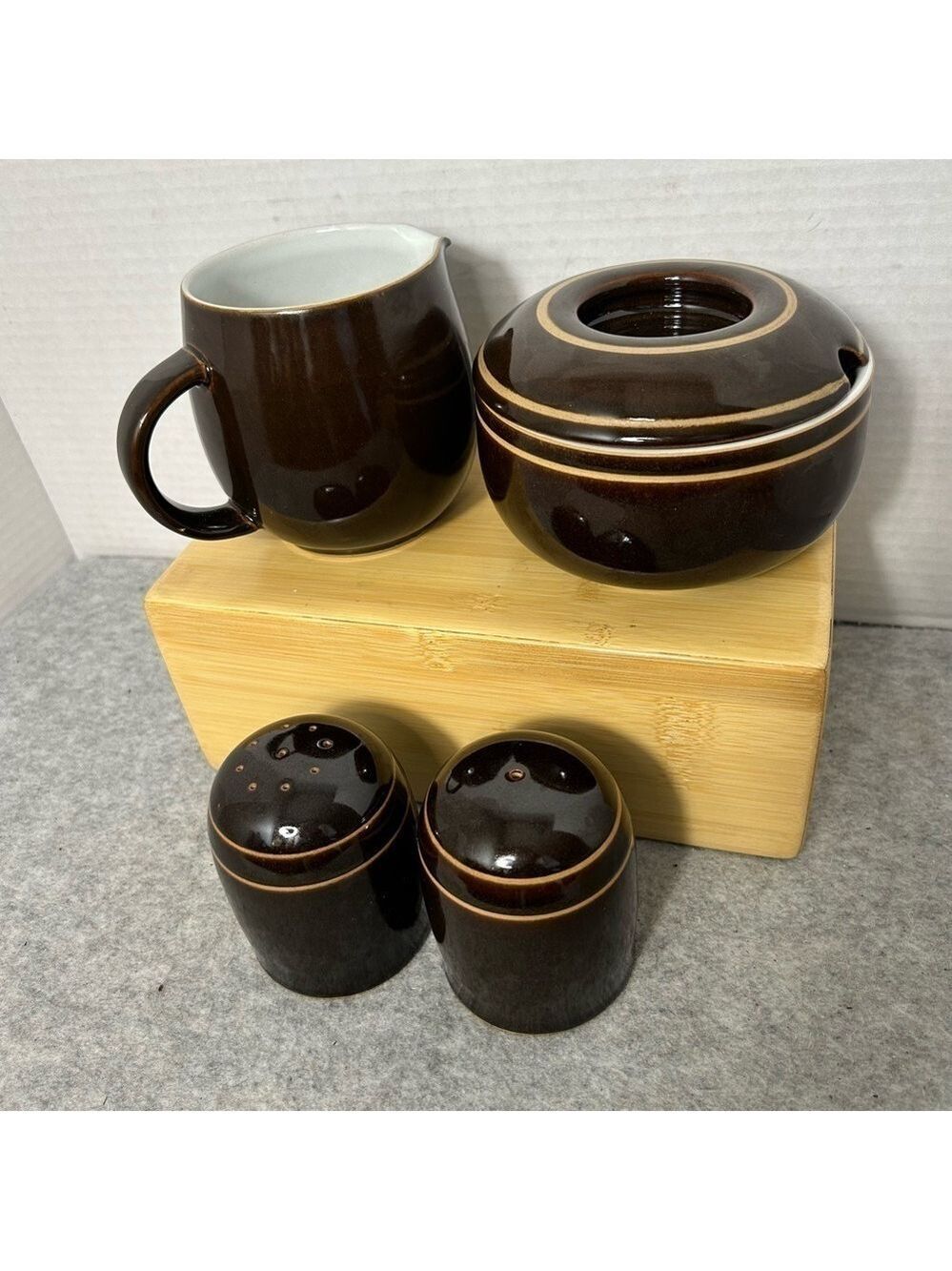 Denby Stoneware Set-Sugar Bowl,Creamer, Salt and Pepper Shakers Made in England
